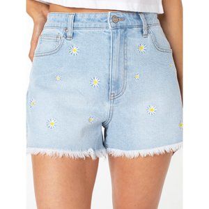 Juniors Daisy Embroidered Denim Jean Shorts Frayed Hem 5 Pocket Size 19/34 NWT
